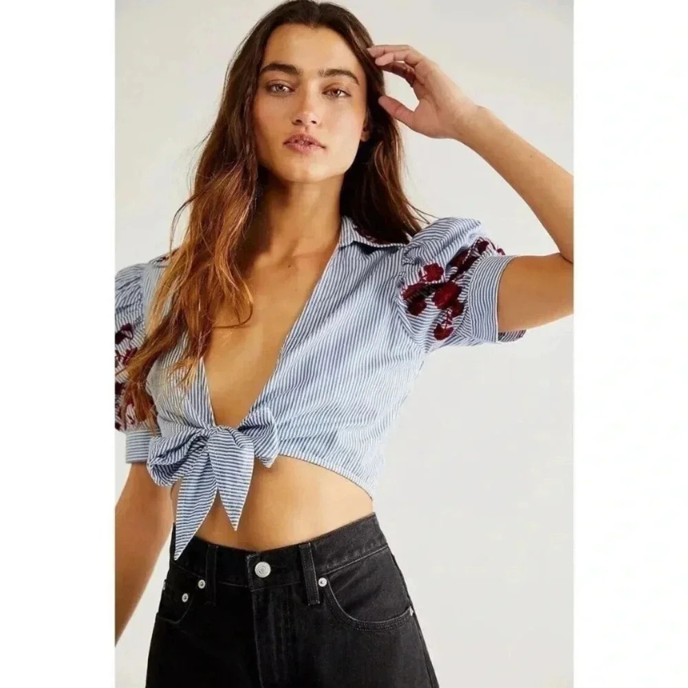 NWT Rococo Sand Embroidered Short Sleeve Top Blue White Stripe